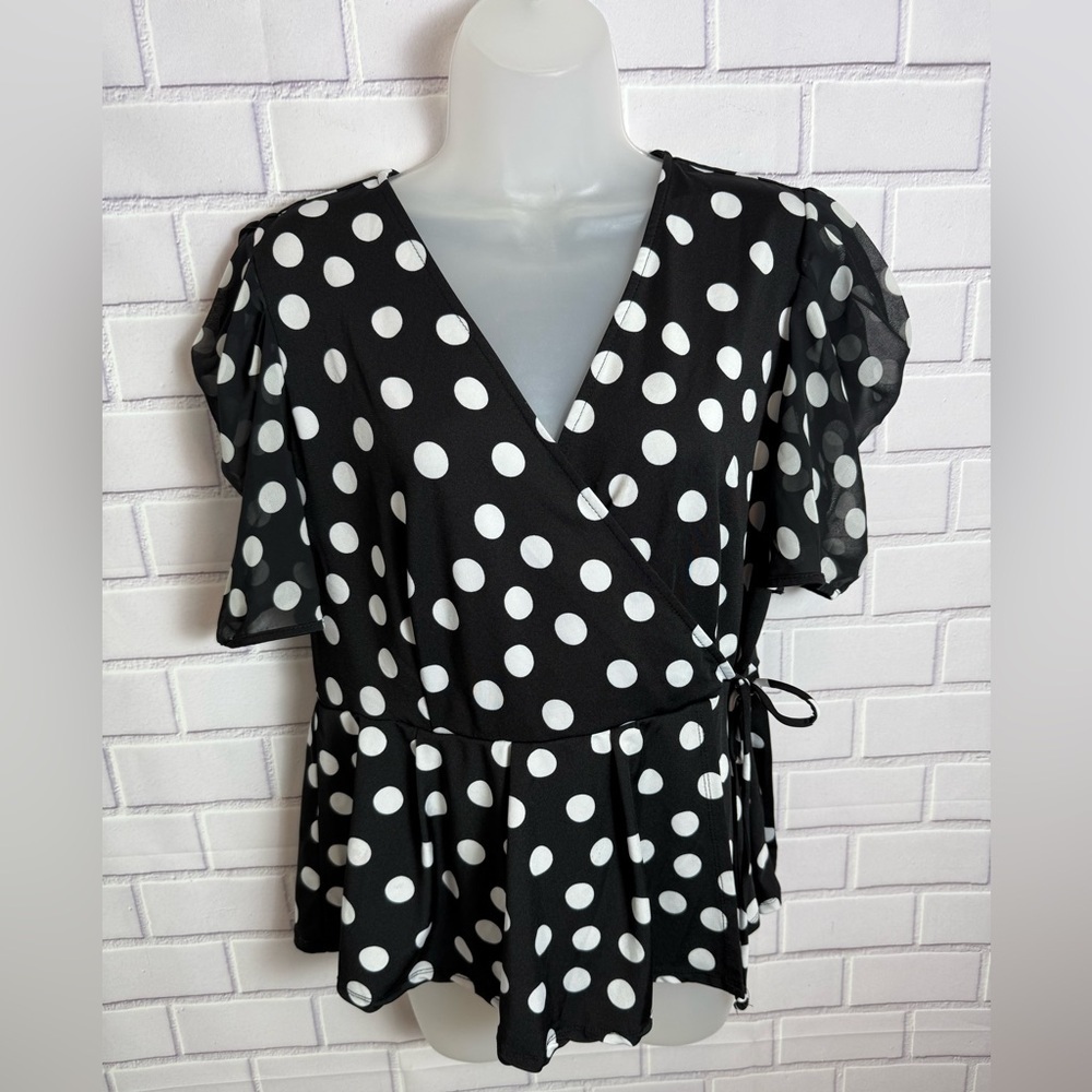 Perseption Concept Polka Dot black and white Wrap Blouse Size XL